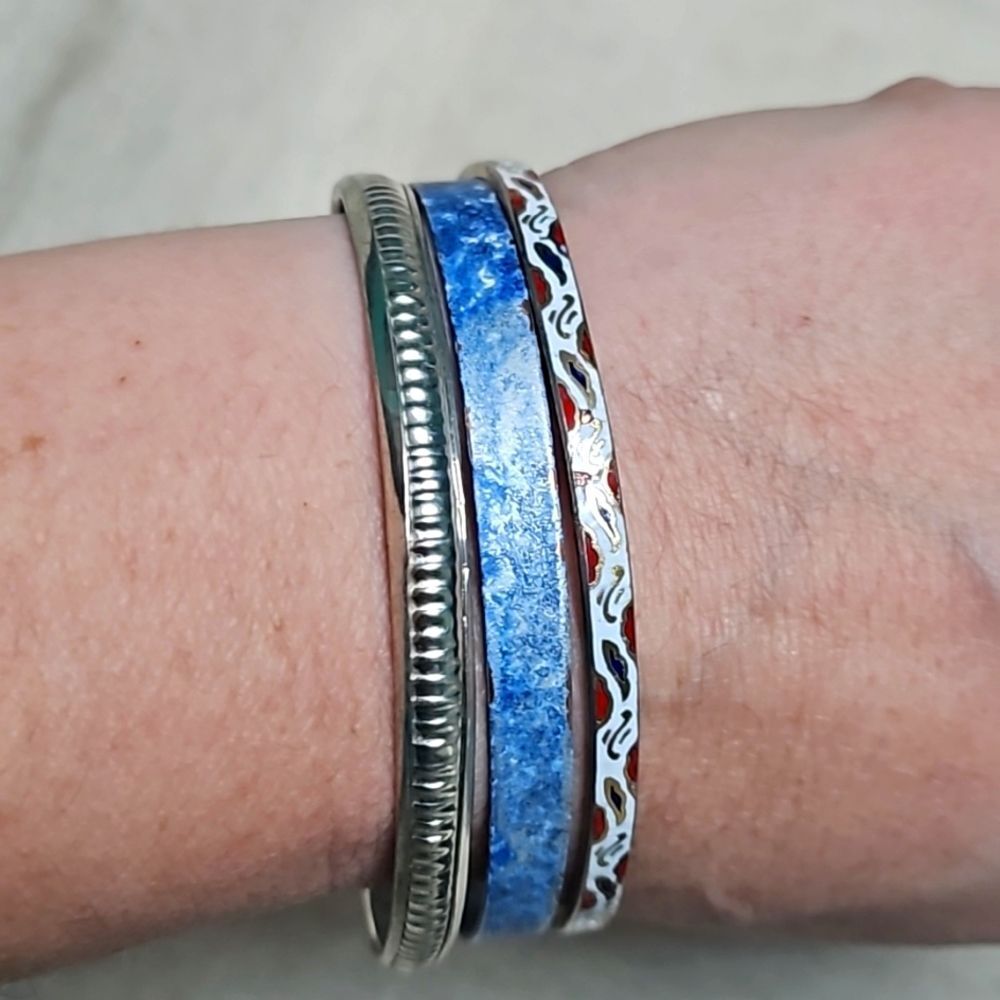 Vintage Mixed Metal Stacking Bangle Set Cloisonne… - image 6